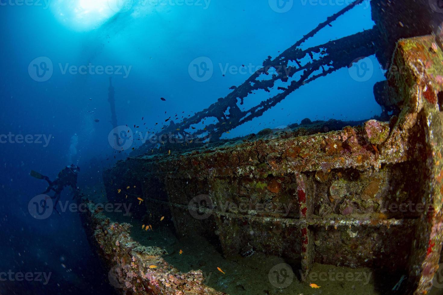 scuba diver diving Ship Wreck in maldives indian ocean photo