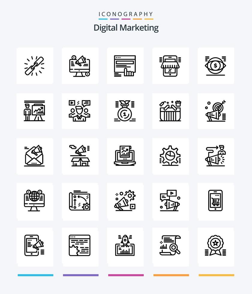 marketing digital creativo 25 paquete de iconos de esquema como tienda. móvil. megáfono. sitio web. toque vector