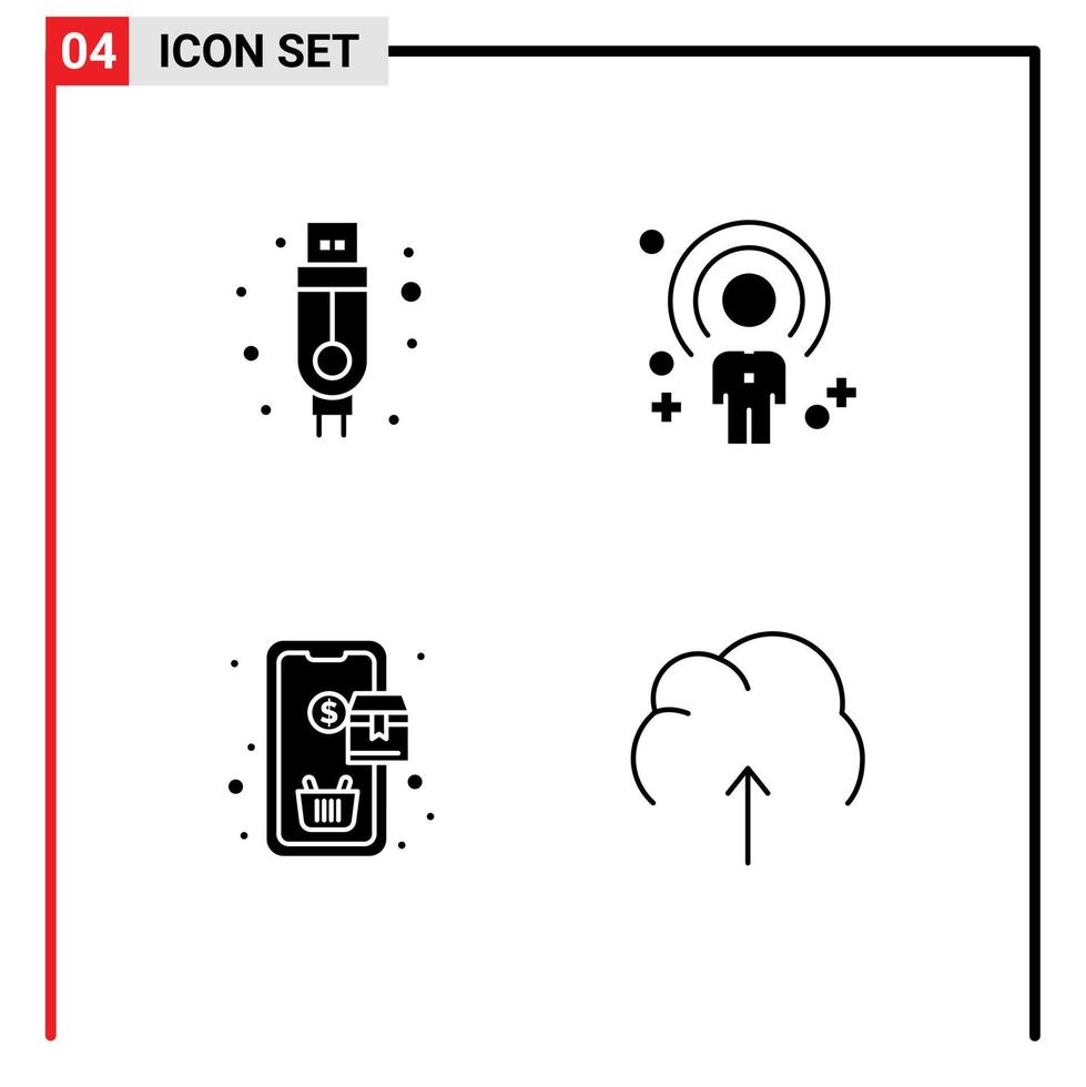 Set of 4 Commercial Solid Glyphs pack for adapter order customer person shopping Editable Vector Design Elements