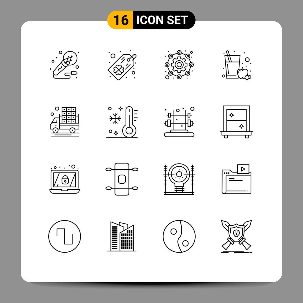 paquete de 16 signos y símbolos de contornos modernos para medios de impresión web, como elementos de diseño de vectores editables de jugo de manzana de vidrio afiliado a la agricultura agrícola
