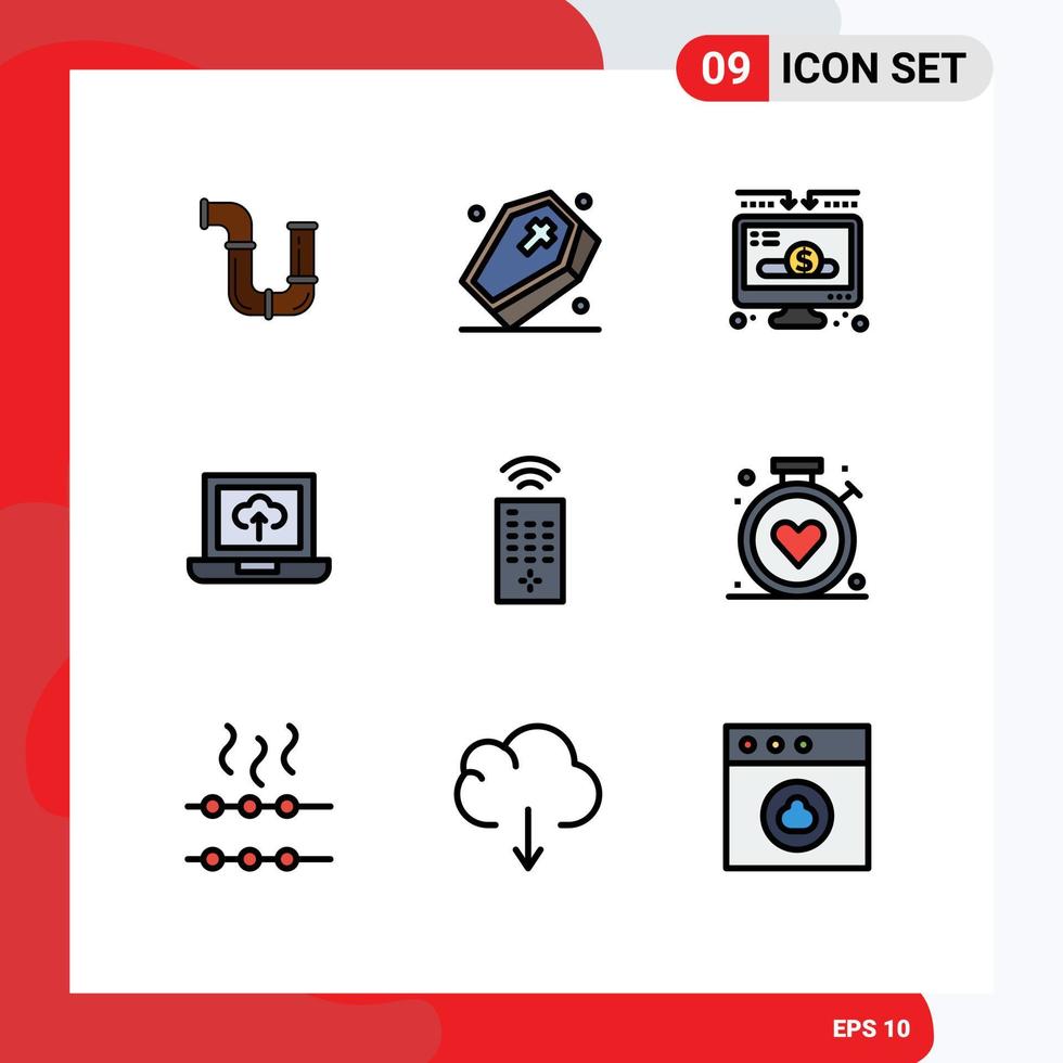 Pack of 9 creative Filledline Flat Colors of remote arrow spooky upload donate Editable Vector Design Elements