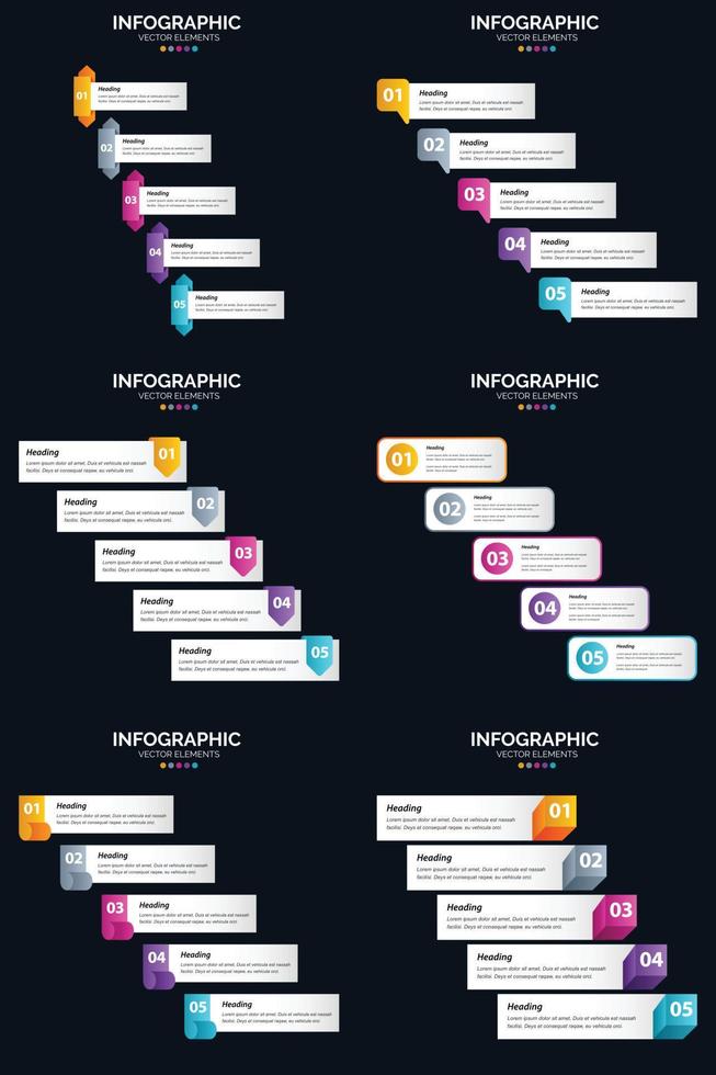 plantilla de diapositiva de presentación del paquete de infografías vectoriales 6 diagramas de ciclo de 5 pasos y líneas de tiempo vector