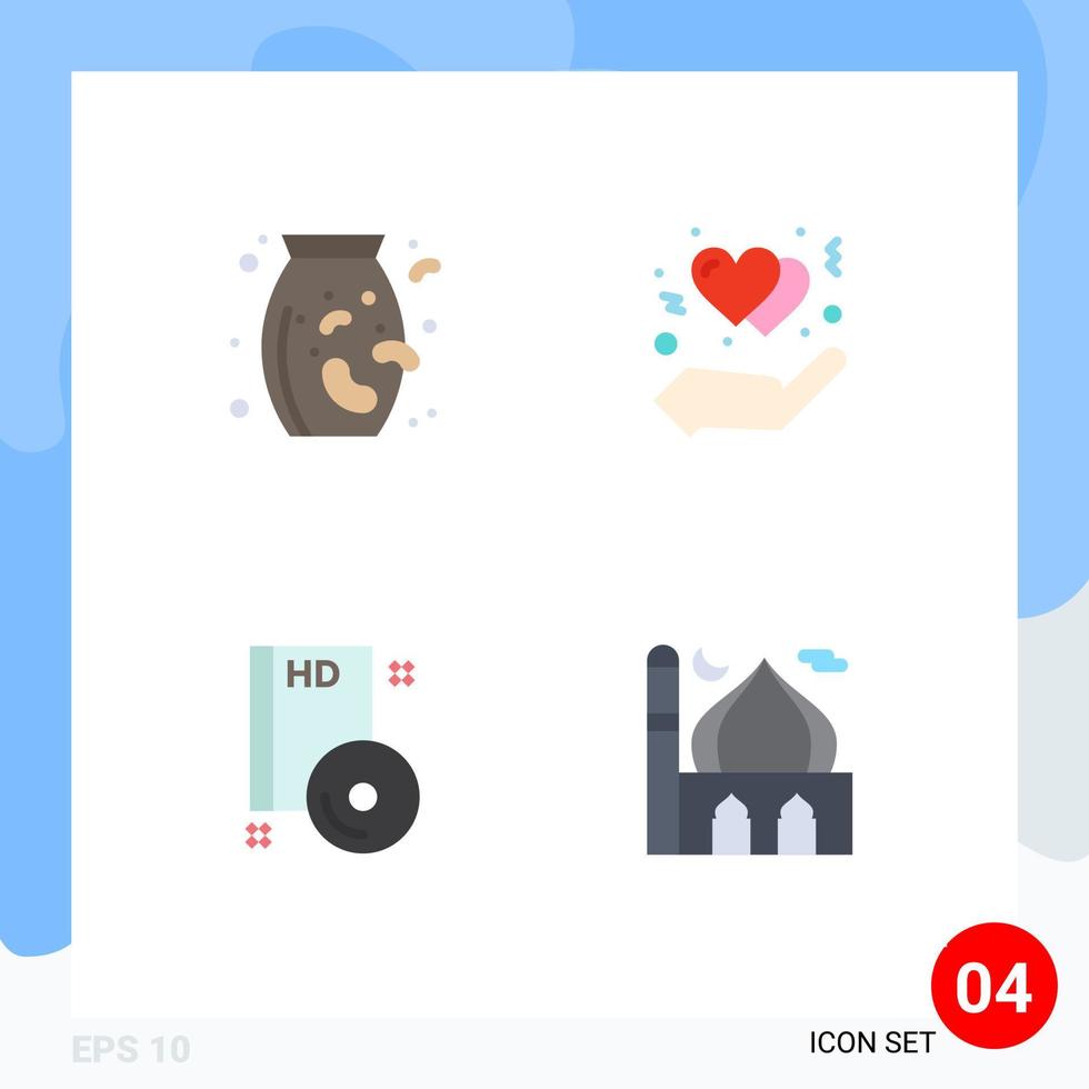 4 User Interface Flat Icon Pack of modern Signs and Symbols of nuts compact protect heart dvd Editable Vector Design Elements