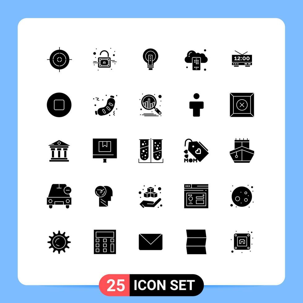 Modern Set of 25 Solid Glyphs Pictograph of clock mobile business cloud power Editable Vector Design Elements