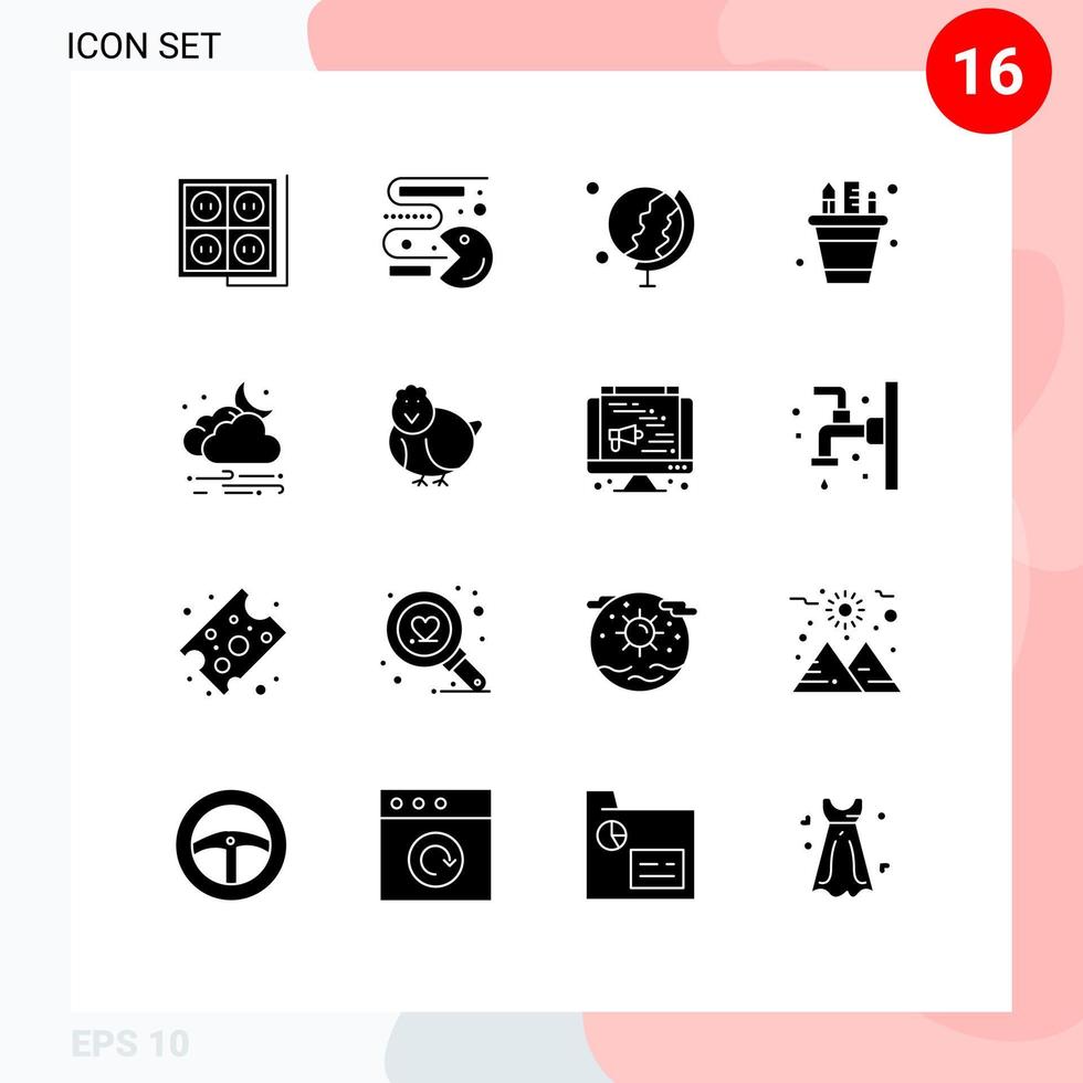 16 User Interface Solid Glyph Pack of modern Signs and Symbols of weather pencil pot play pencil business Editable Vector Design Elements