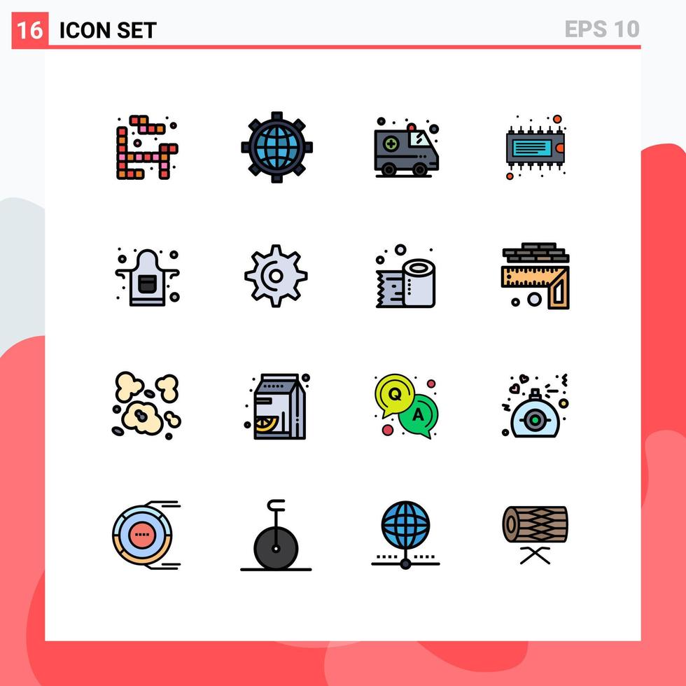 Universal Icon Symbols Group of 16 Modern Flat Color Filled Lines of wheel cook emergency apron electronic Editable Creative Vector Design Elements