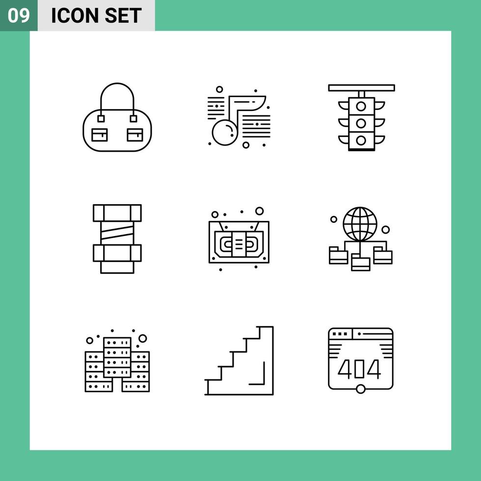 Group of 9 Outlines Signs and Symbols for recorder cassette station audio construction Editable Vector Design Elements