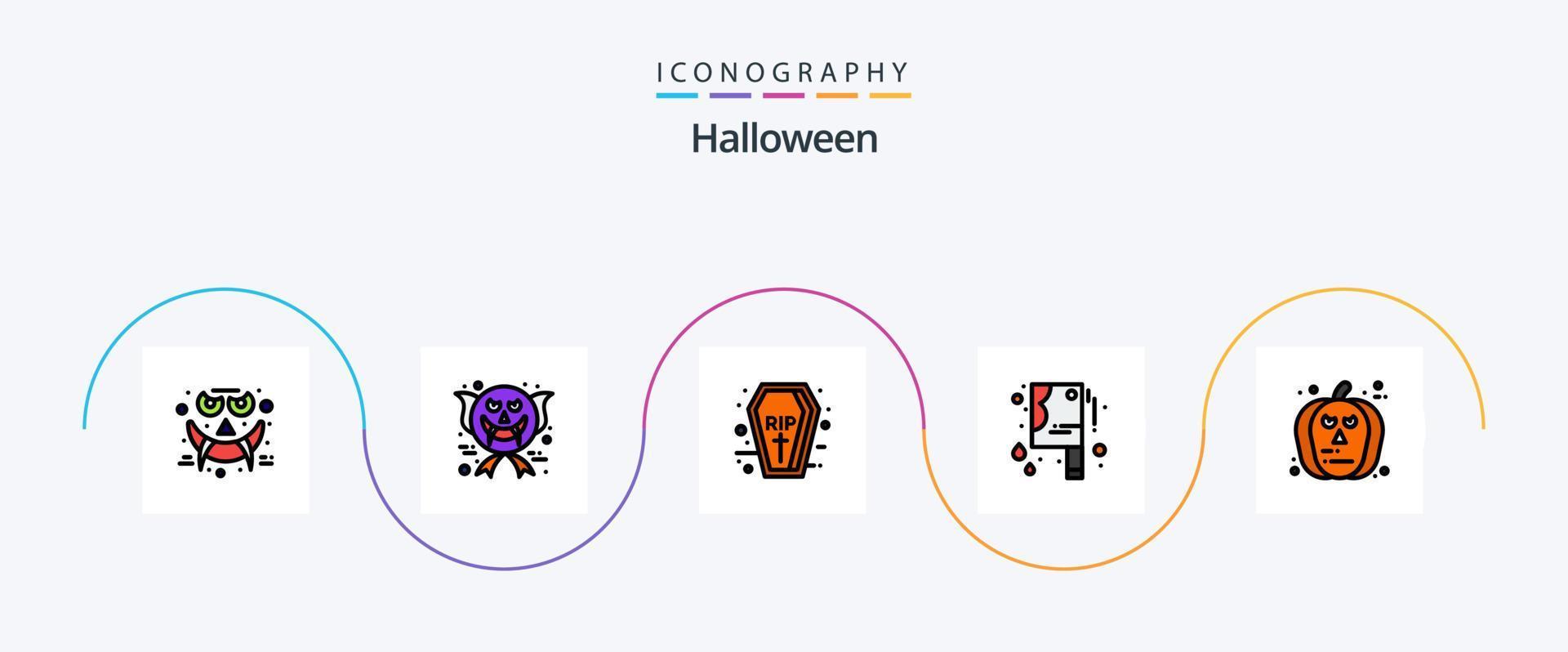 paquete de iconos de 5 planos llenos de línea de halloween que incluye calabaza. rostro. ataúd. cuchillo de carnicero de halloween. cuchillo ensangrentado vector