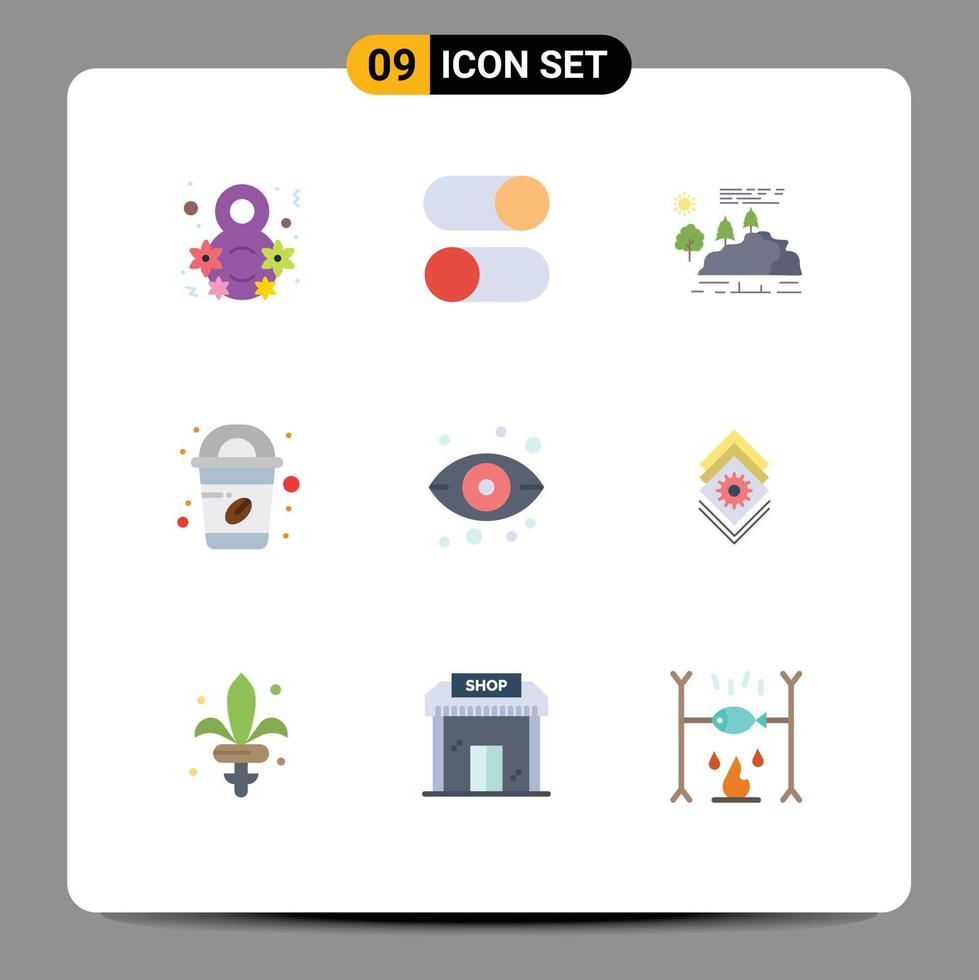 9 Thematic Vector Flat Colors and Editable Symbols of eye cup settings coffee mountain Editable Vector Design Elements