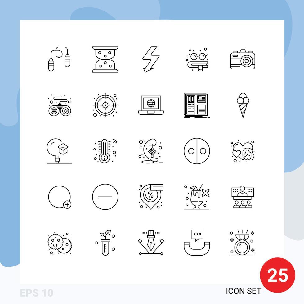 25 Universal Lines Set for Web and Mobile Applications device summer flash photo glasses Editable Vector Design Elements