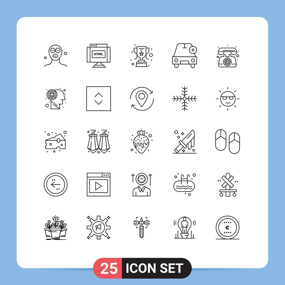 25 Universal Line Signs Symbols of phone vehicles achievement plus car Editable Vector Design Elements