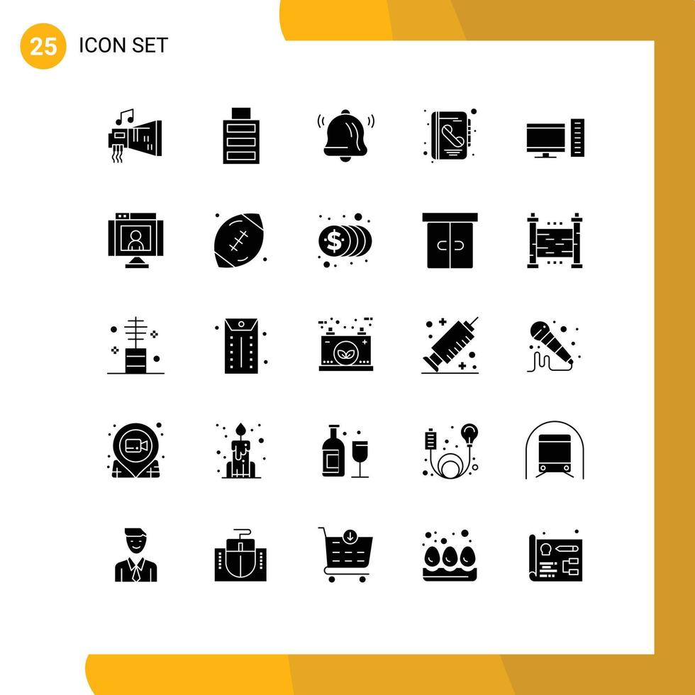 25 Universal Solid Glyphs Set for Web and Mobile Applications pc computer bell call book Editable Vector Design Elements