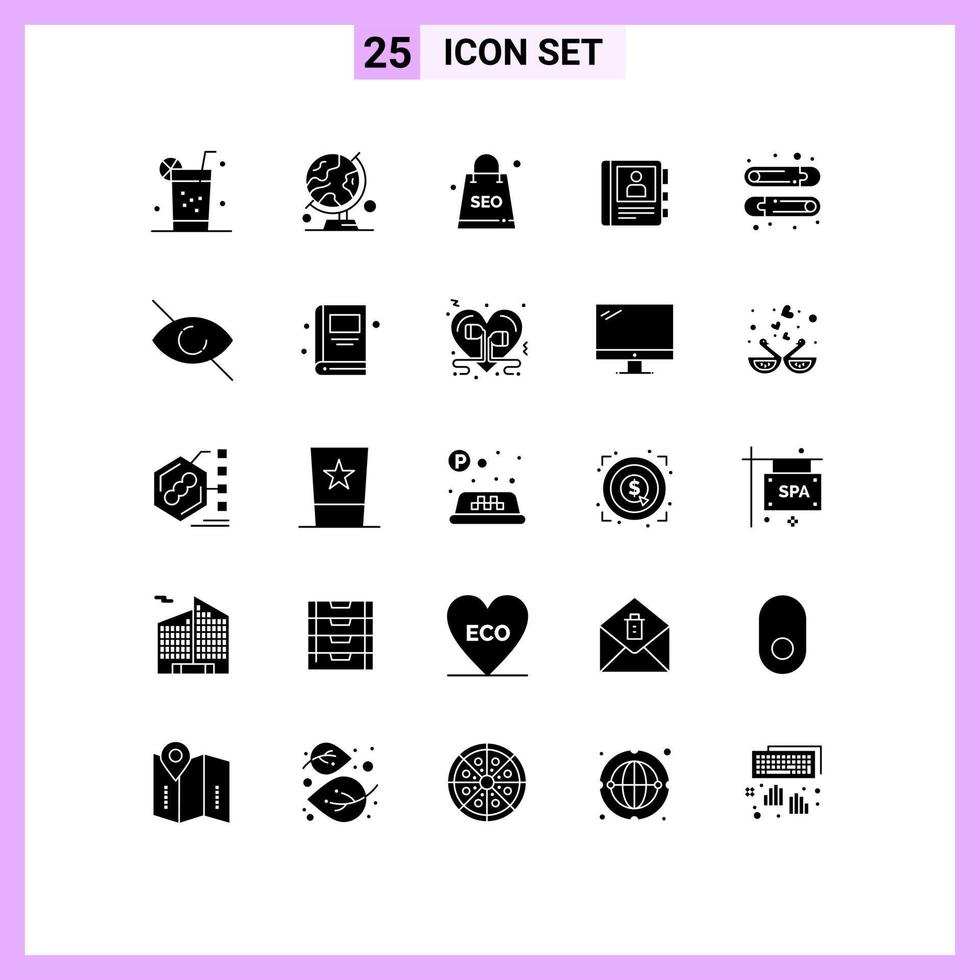 25 Universal Solid Glyph Signs Symbols of baby diary table globe book seo package Editable Vector Design Elements
