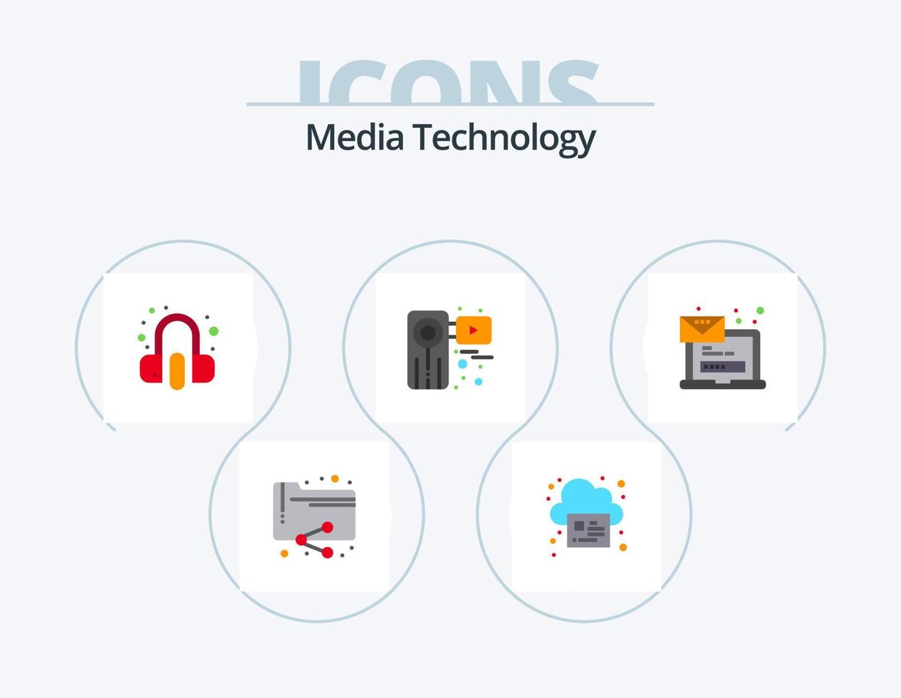 paquete de iconos planos de tecnología de medios 5 diseño de iconos. computadora. grabadora. cliente. video. cámara vector