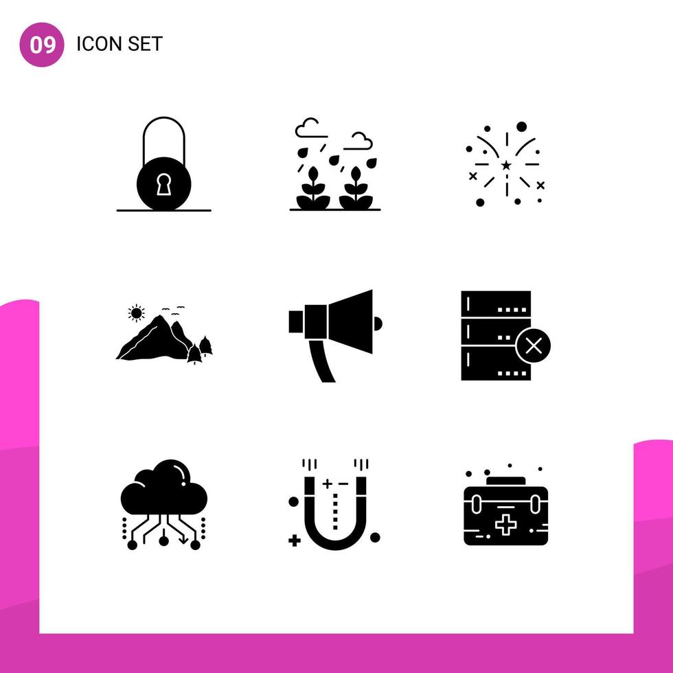 9 User Interface Solid Glyph Pack of modern Signs and Symbols of announcement scene fire nature landscape Editable Vector Design Elements