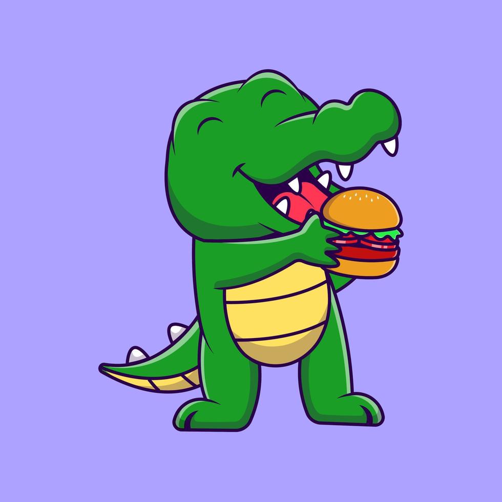 lindo cocodrilo comiendo hamburguesa dibujos animados vector iconos ilustración. concepto de caricatura plana. adecuado para cualquier proyecto creativo.