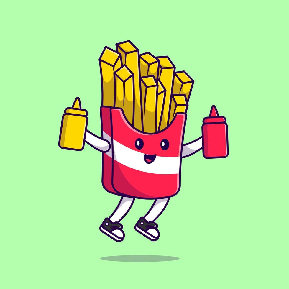 Cute French Fries Holding Tomato Sauce And Mustard Cartoon Vector Icons Illustration. Flat Cartoon Concept. Suitable for any creative project.