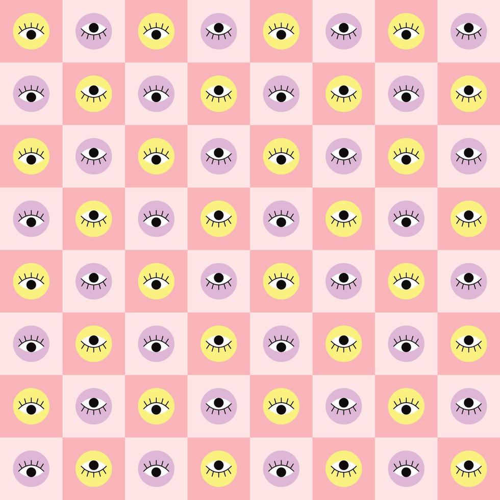 patrón impecable al estilo de los ojos en el fondo de la cuadrícula de ajedrez rosa. coloridos elementos de clarividencia. ilustración de vector de moda moderna contemporánea. ilustración vectorial 10 eps.