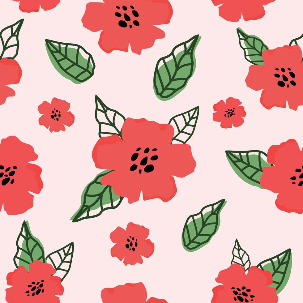 Red flower and leaf seamless pattern. pink background. Spring flower. illustration vector 10 eps.