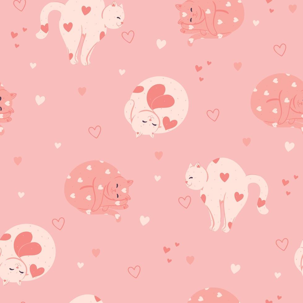 Soft pink seamless pattern with valentine's day cats. Vector graphics.