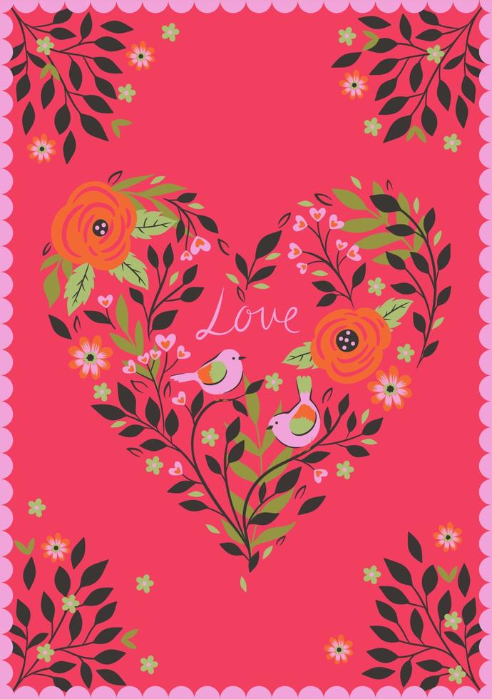 Valentine's day card with twigs and birds. Vector graphics.