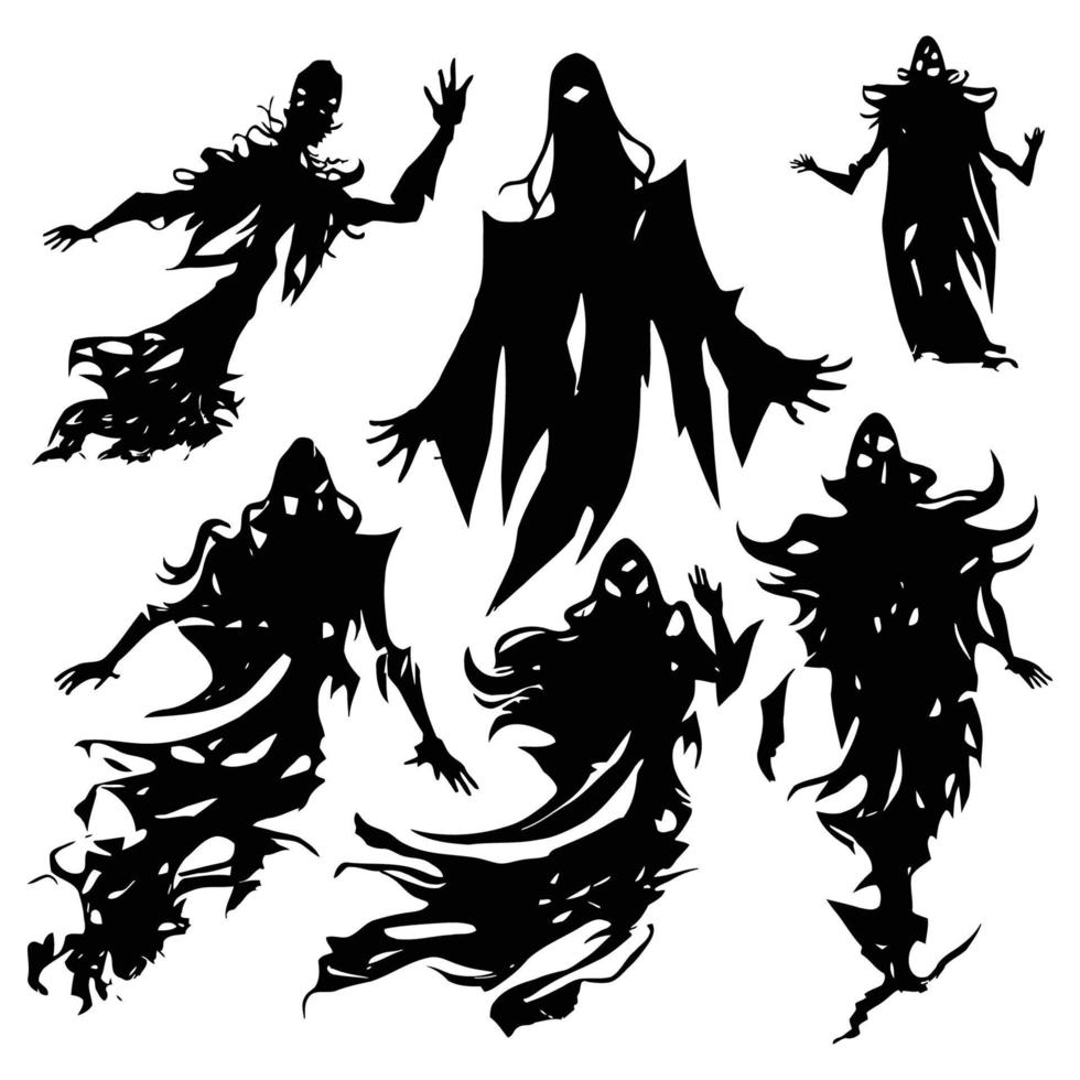 silueta de espíritu maligno de halloween. personajes fantasmas de pesadillas aterradoras, conjunto de mascotas de demonios fantasmas espeluznantes. siluetas de fantasmas de ropa rasgada vector