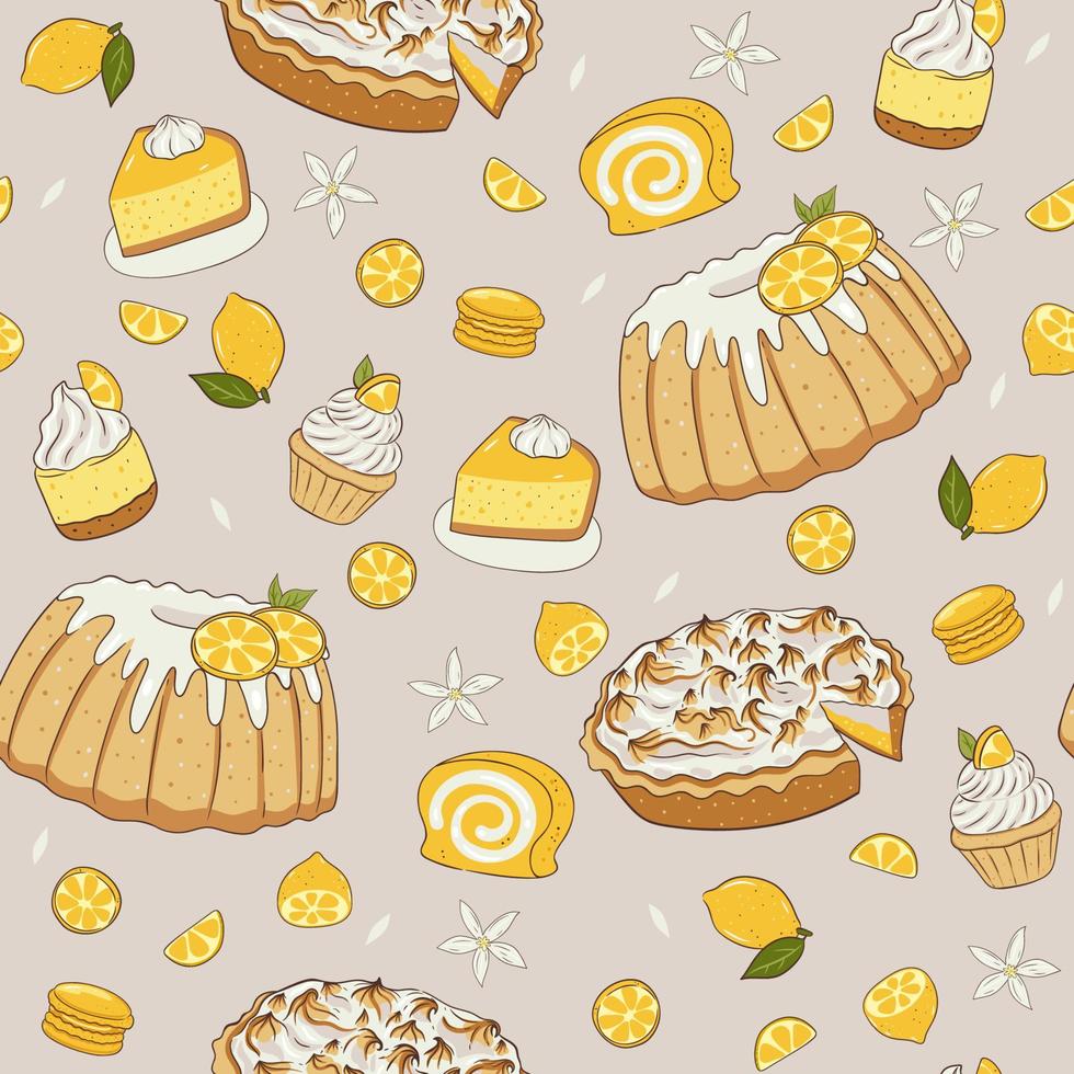 Seamless pattern with lemon desserts. Vector graphics.