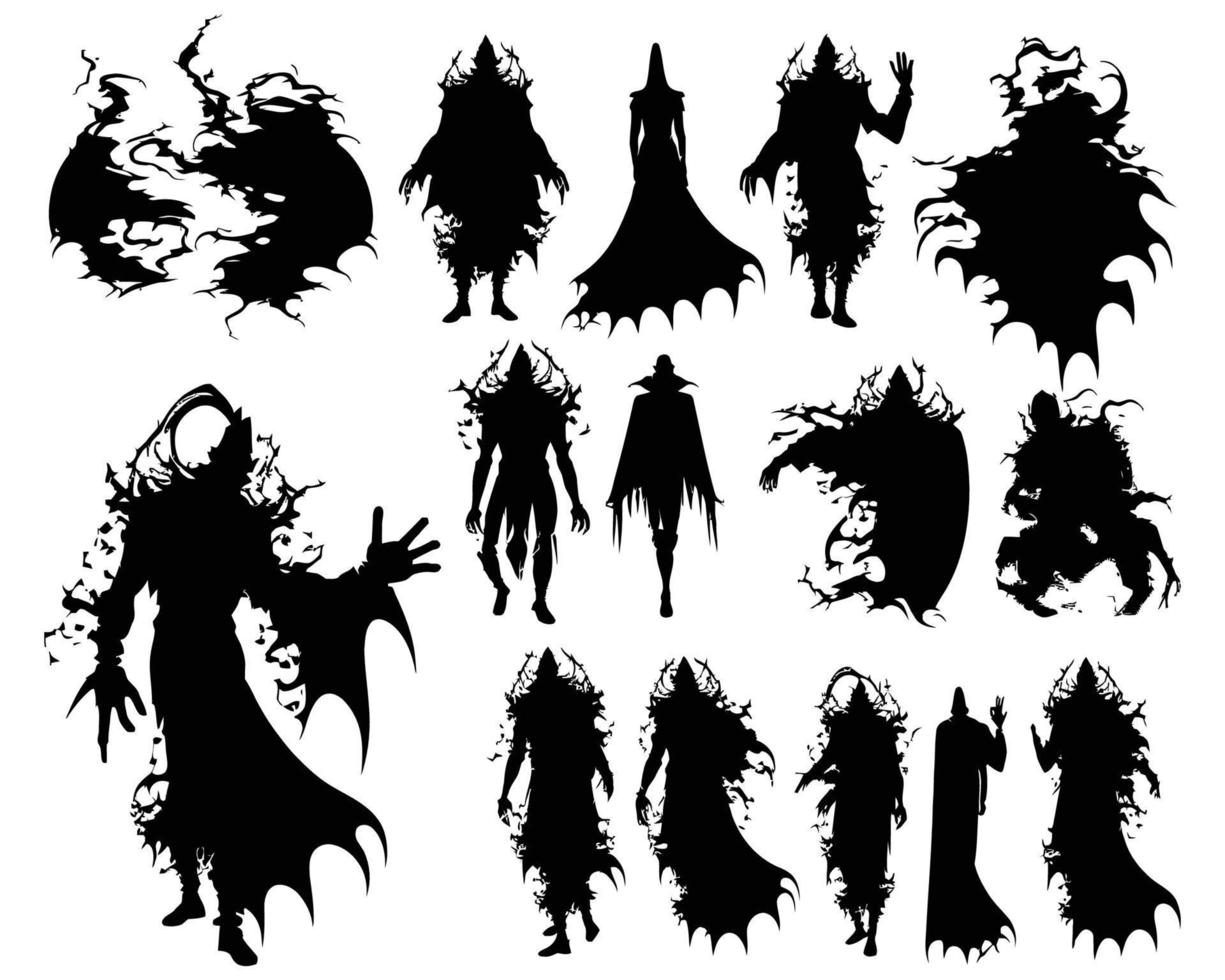 silueta de espíritu maligno de halloween. personajes fantasmas de pesadillas aterradoras, conjunto de mascotas de demonios fantasmas espeluznantes. siluetas de fantasmas de ropa rasgada vector