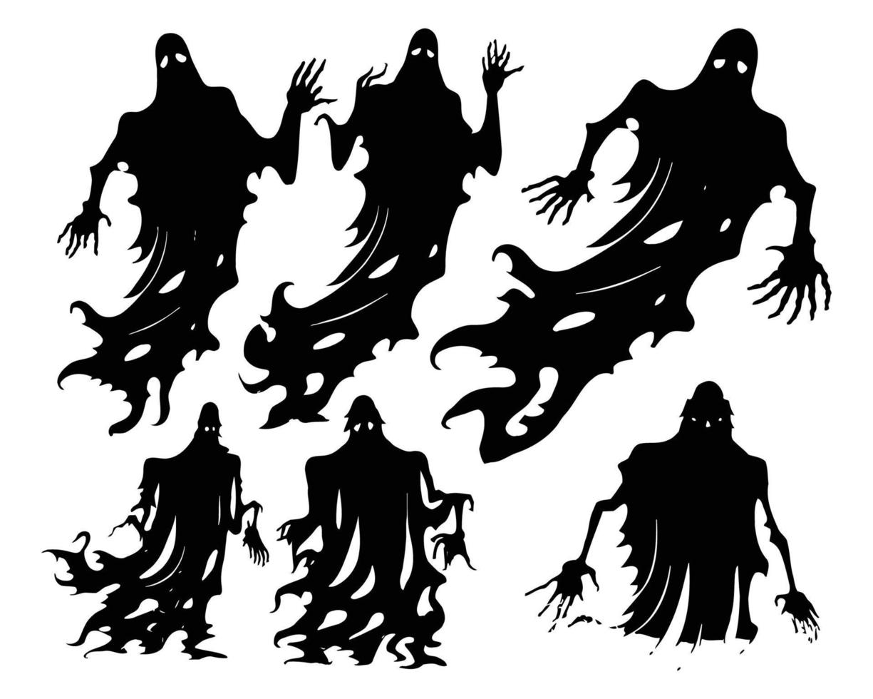 silueta de espíritu maligno de halloween. personajes fantasmas de pesadillas aterradoras, conjunto de mascotas de demonios fantasmas espeluznantes. siluetas de fantasmas de ropa rasgada vector