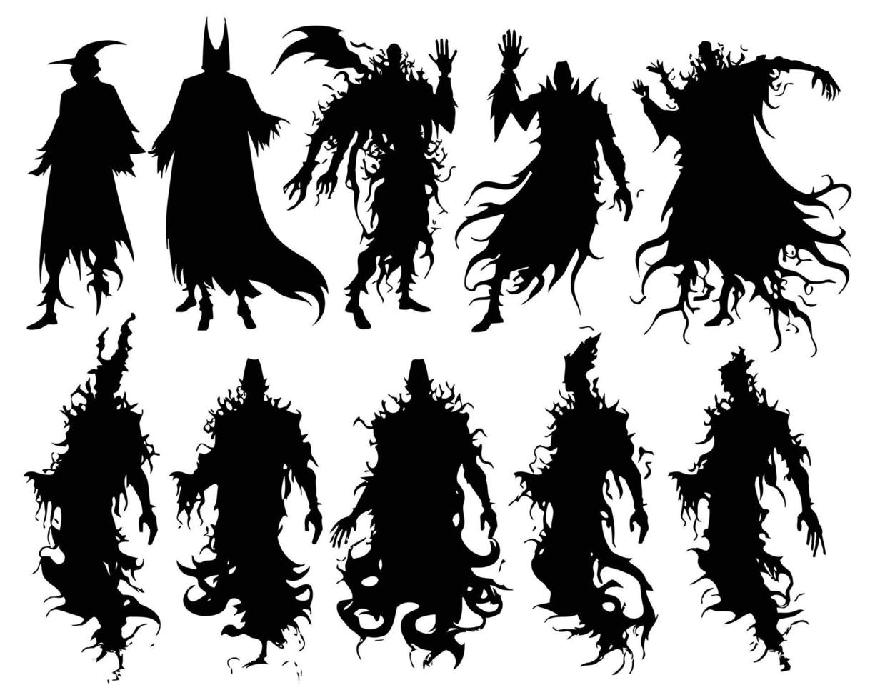 silueta de espíritu maligno de halloween. personajes fantasmas de pesadillas aterradoras, conjunto de mascotas de demonios fantasmas espeluznantes. siluetas de fantasmas de ropa rasgada vector