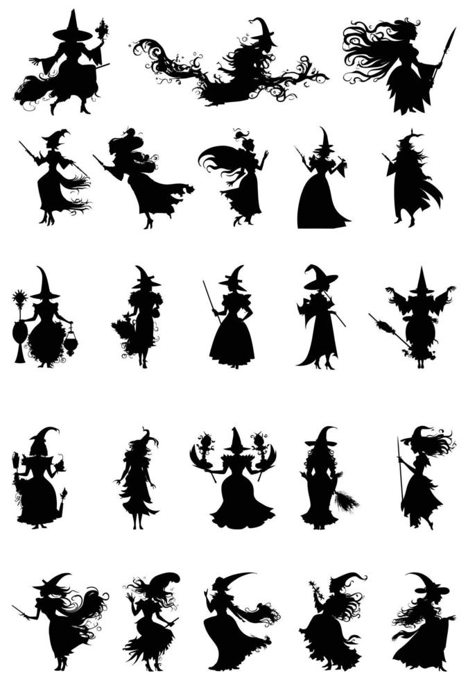 Witch silhouette collection in various poses vector