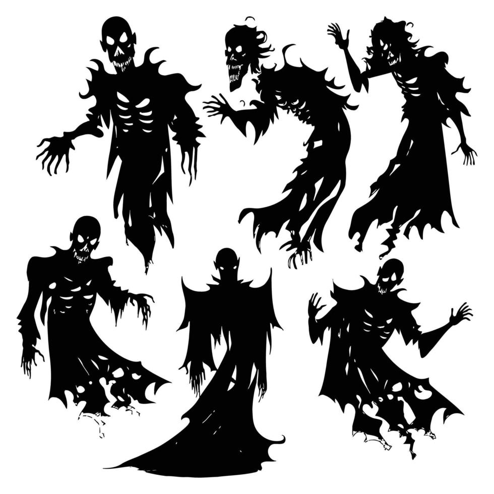 silueta de espíritu maligno de halloween. personajes fantasmas de pesadillas aterradoras, conjunto de mascotas de demonios fantasmas espeluznantes. siluetas de fantasmas de ropa rasgada vector