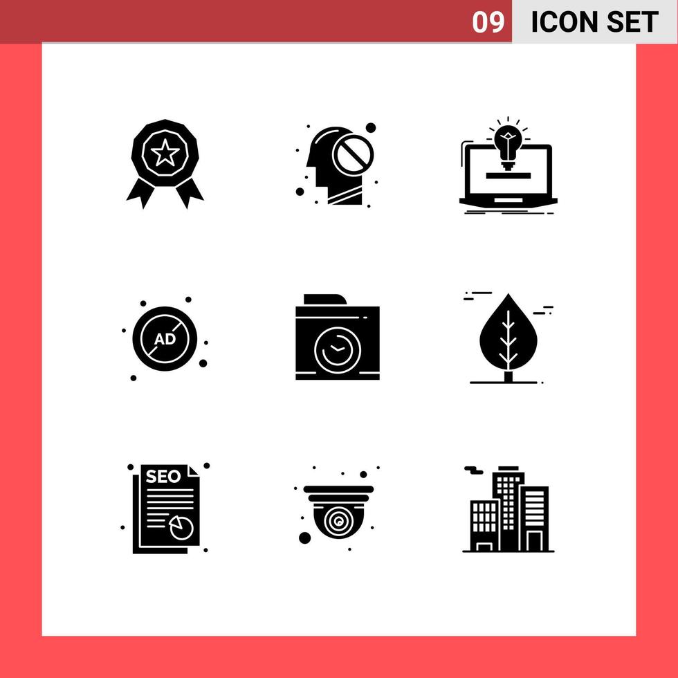 Set of 9 Commercial Solid Glyphs pack for camera block solution advertising ad Editable Vector Design Elements