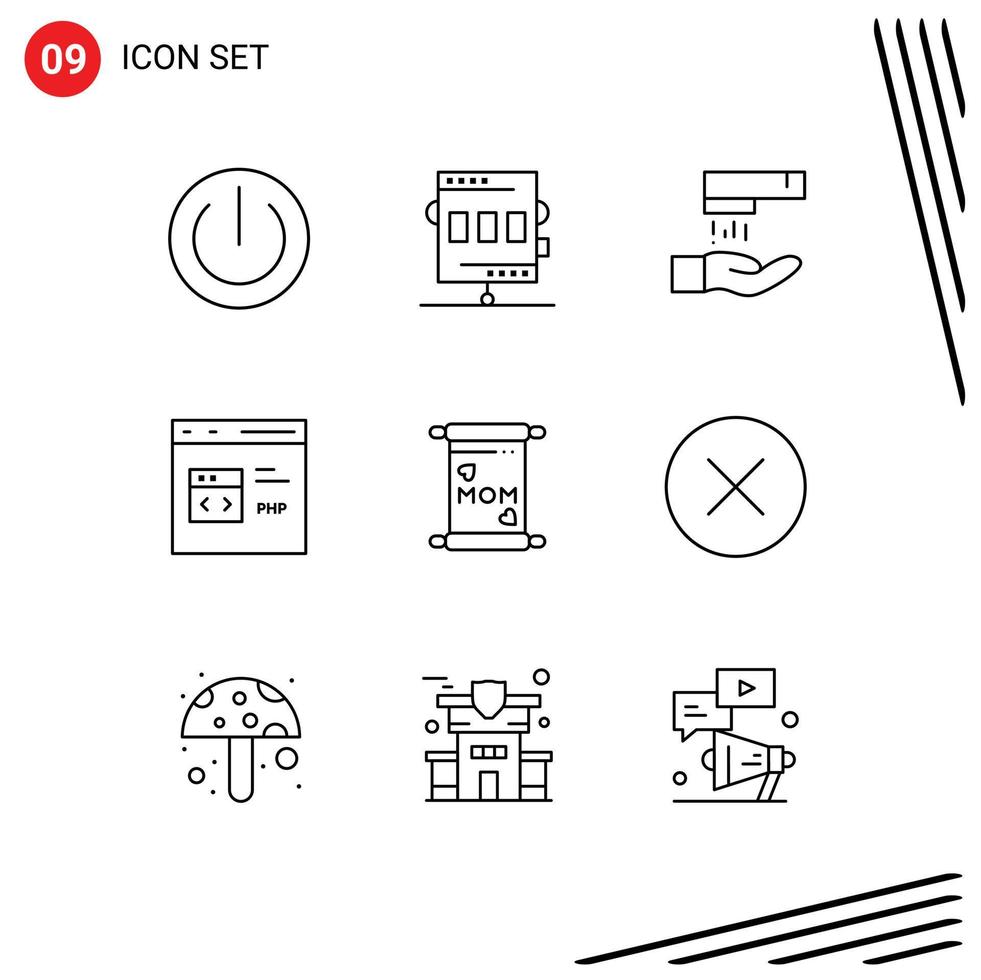 Pictogram Set of 9 Simple Outlines of php develop game coding cleaning Editable Vector Design Elements