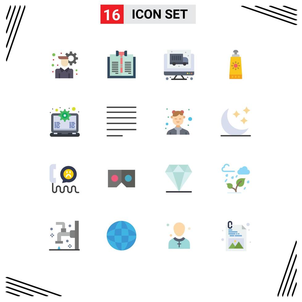 Modern Set of 16 Flat Colors and symbols such as support laptop computer gear sunblock Editable Pack of Creative Vector Design Elements