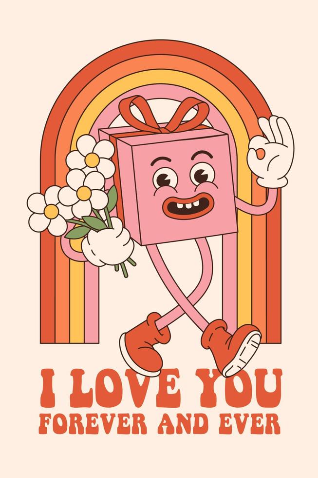 Groovy lovely heart poster. Love concept. Happy Valentines day greeting card. Pink and red colors. vector