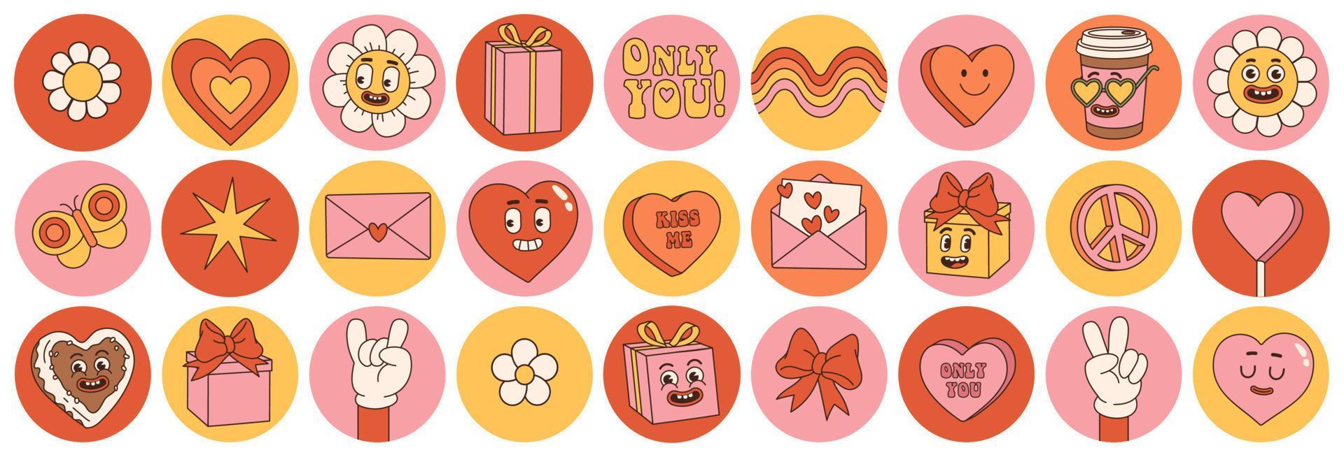 Groovy lovely hearts stickers. Love concept. Happy Valentines day. Pink red colors. vector