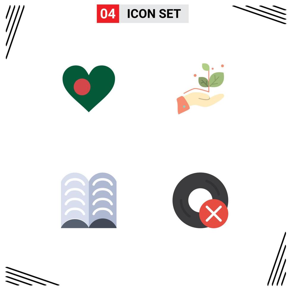 conjunto de pictogramas de 4 iconos planos simples del país del libro del corazón crecer aprender elementos de diseño vectorial editables vector