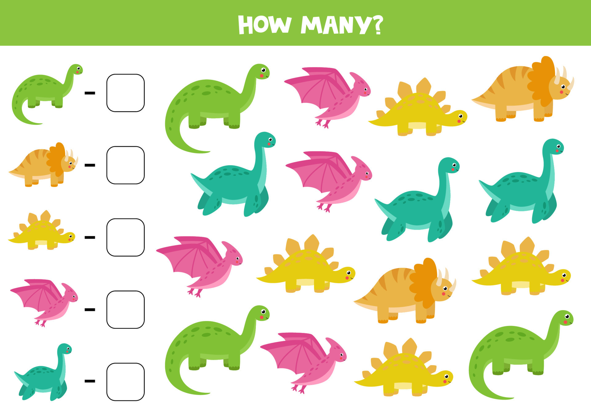 Counting game with cute cartoon dinosaurs. Math worksheet. 17309453