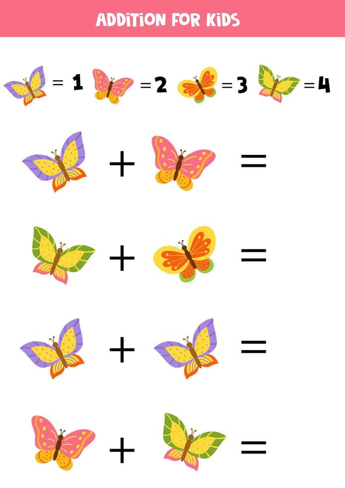 Addition game with different butterflies. Educational math game for preschool kids. vector