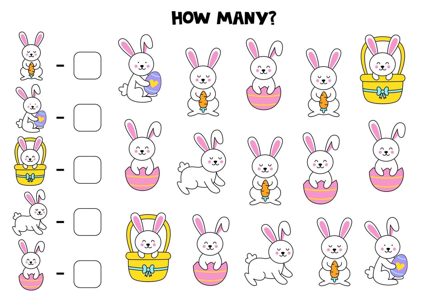 Counting game with cute cartoon Easter rabbits. Math worksheet. vector