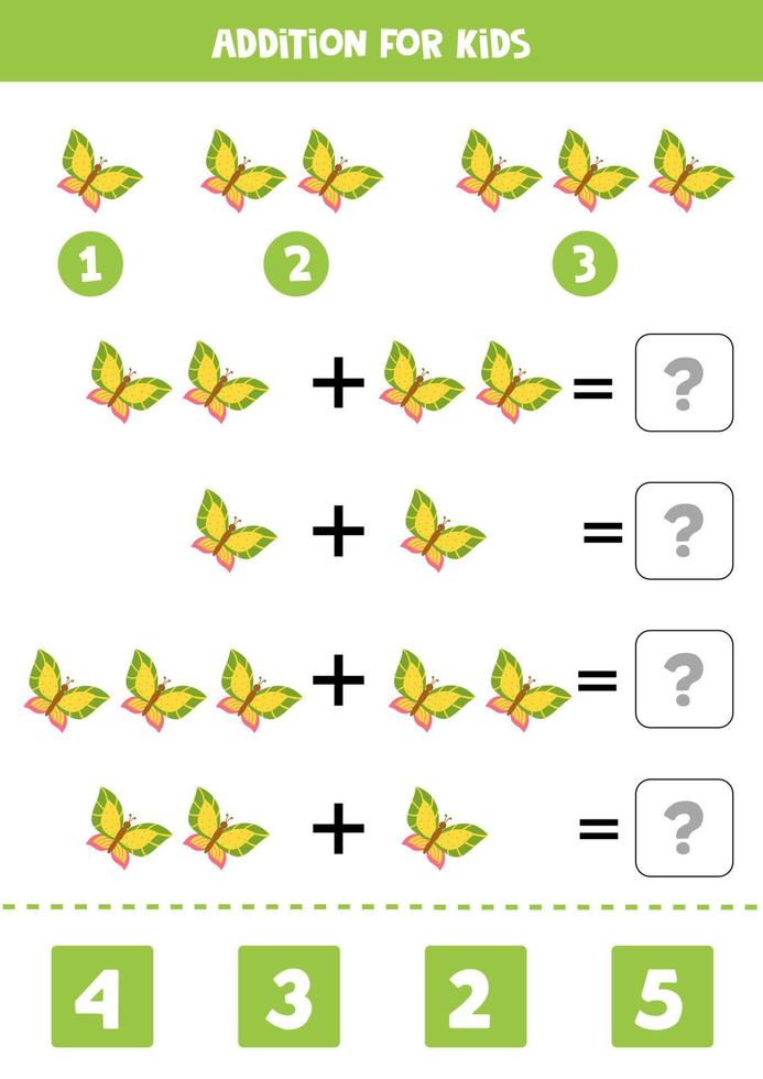 Addition for kids with cute green butterflies. vector