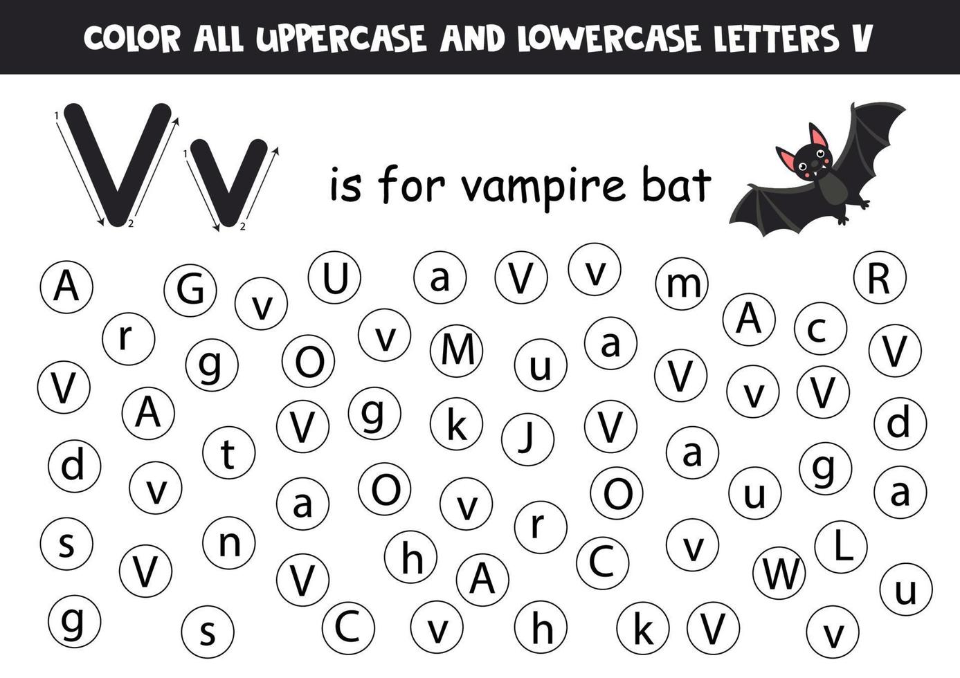 Dot all letters V. Educational worksheet for learning alphabet. vector