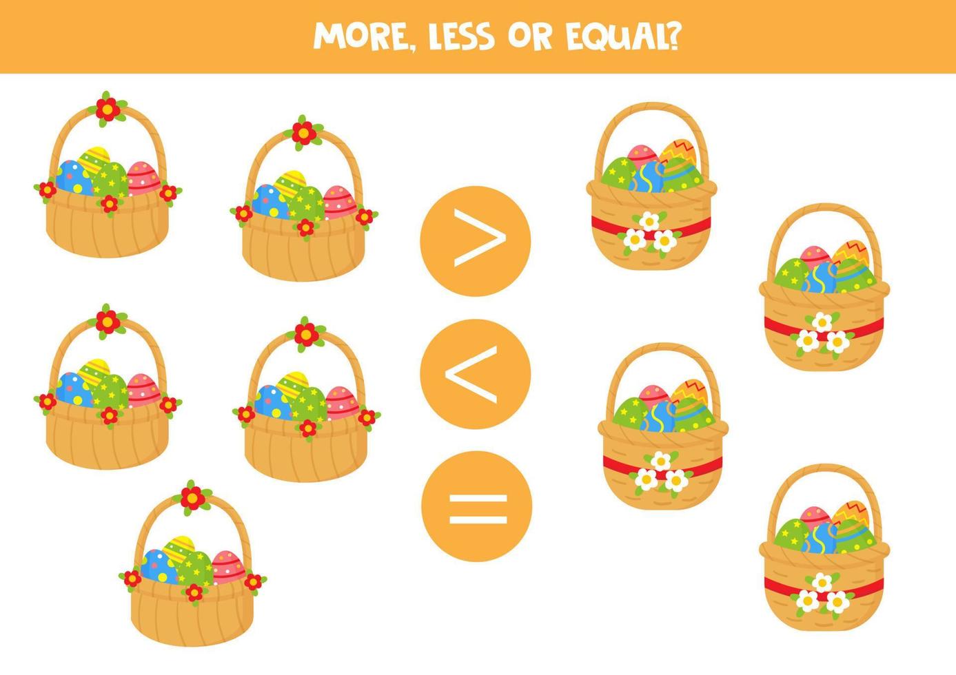More, less, equal with Easter baskets. Math game for kids. vector