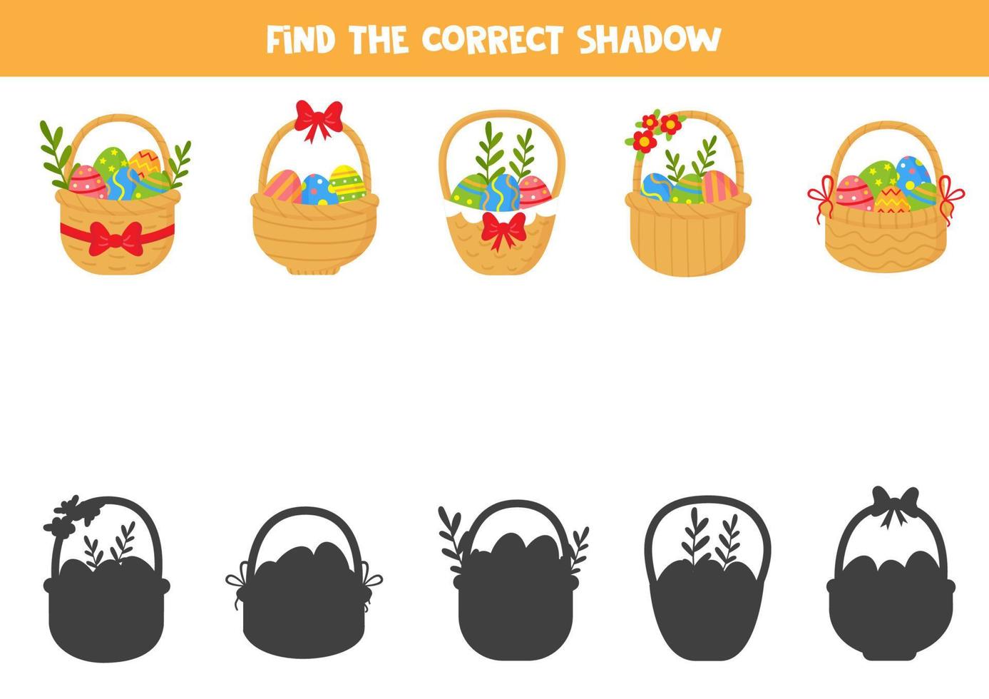 Find the correct shadows of cute Easter baskets. Logical puzzle for kids. vector