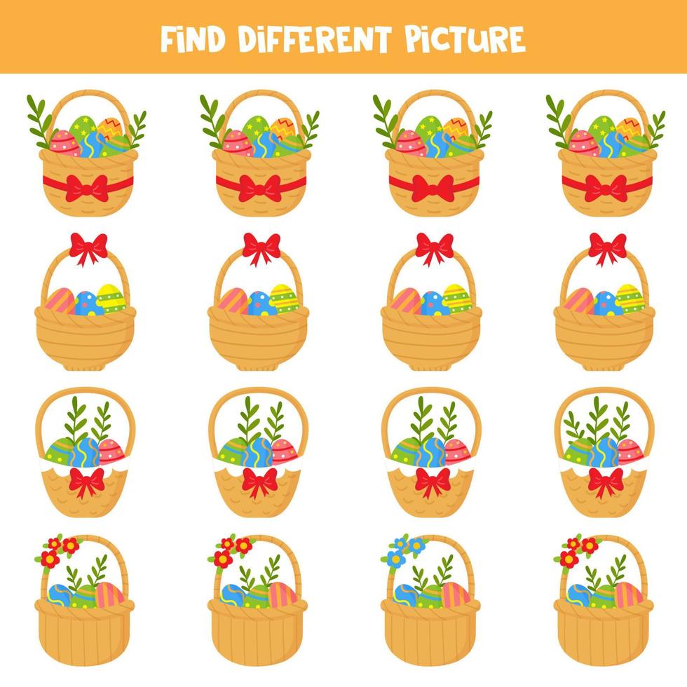Find Easter basket which is different from others. Worksheet for kids. vector