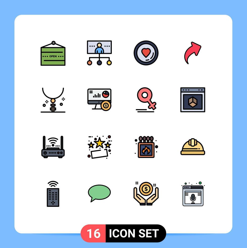 Modern Set of 16 Flat Color Filled Lines Pictograph of right up management arrow lover Editable Creative Vector Design Elements