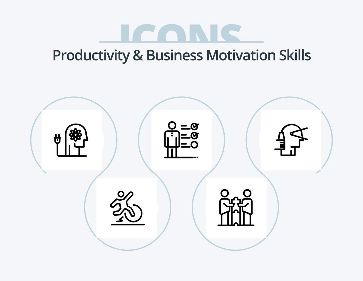 productividad y habilidades de motivación empresarial línea icon pack 5 diseño de iconos. solución. psiquiatría. falla. fortaleza. humano vector