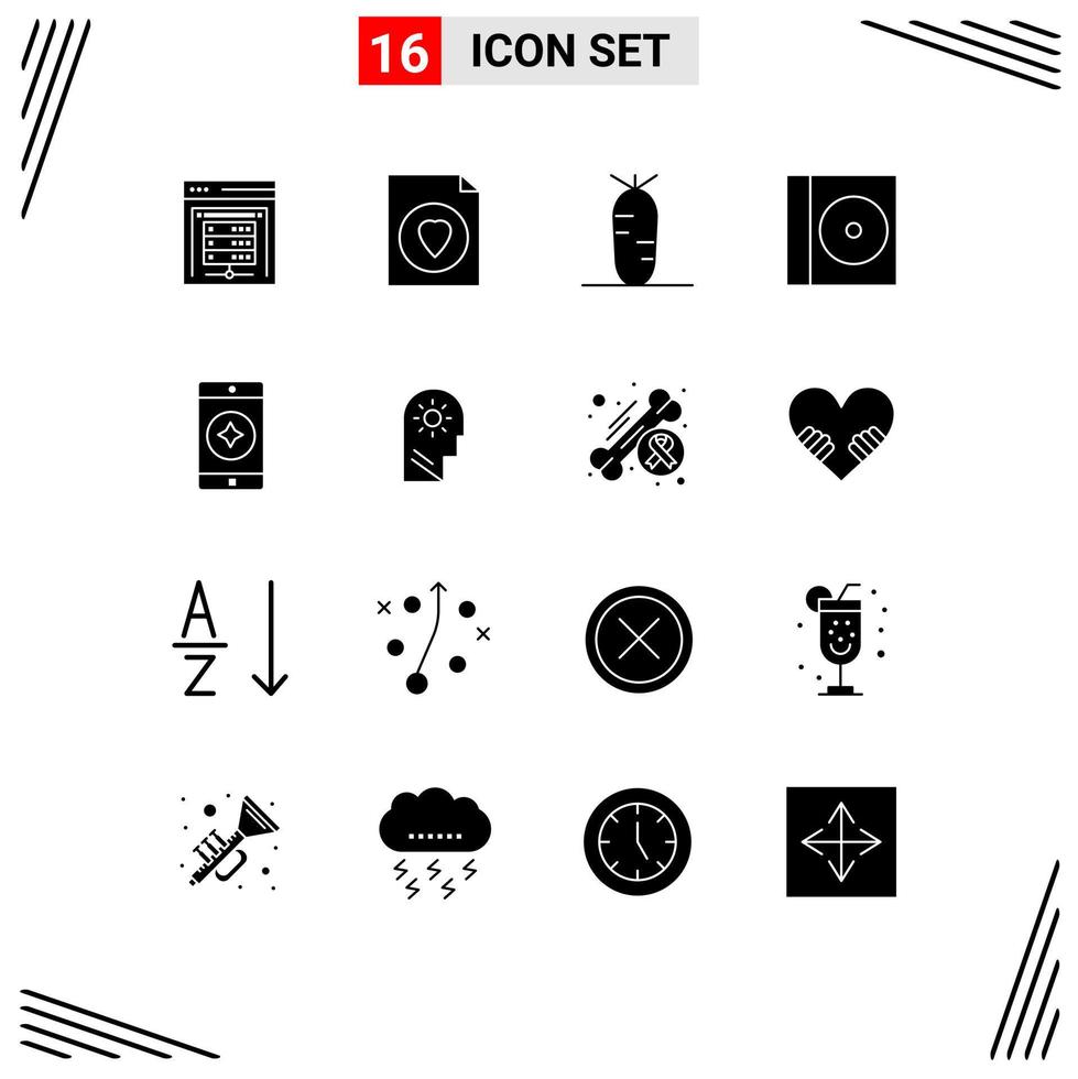 Pack of 16 Modern Solid Glyphs Signs and Symbols for Web Print Media such as control mobile application food mobile disc Editable Vector Design Elements