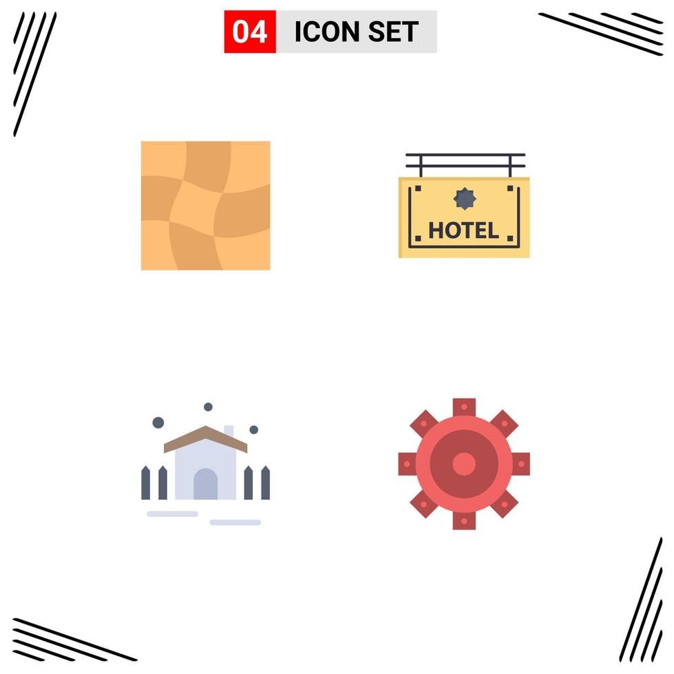 paquete de iconos planos de 4 símbolos universales de elementos de diseño vectorial editables de construcción de dirección de hotel de patio distorsionado vector